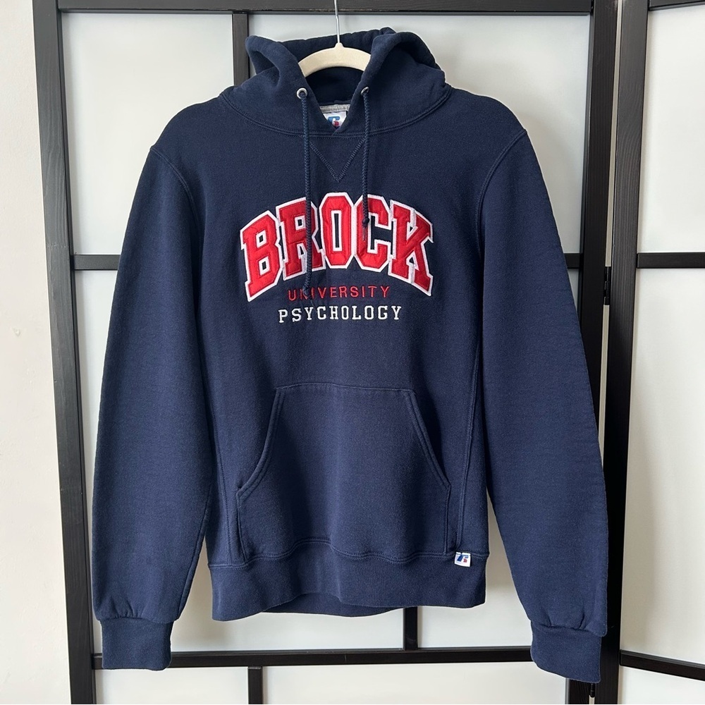 [S] Brock University Red Embroidered Logo Psychology Student Navy Blue Hoodie